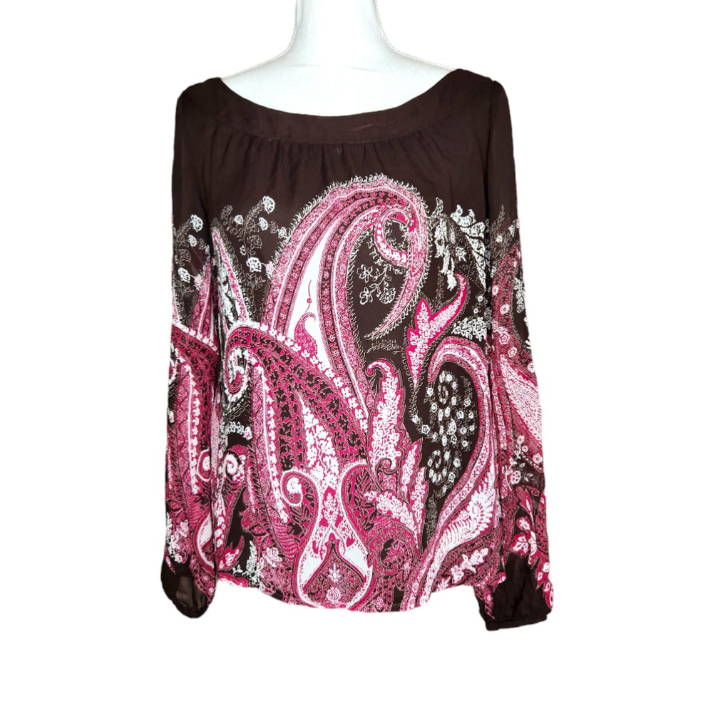 Women's Ann Taylor 100% Silk Blouse, Size 6, Brown & Pink Pasiley balloon sleeve
